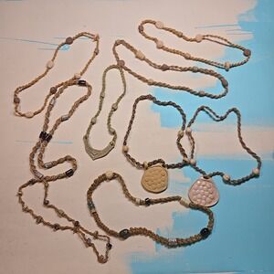 VTG 70s 80s Pottery‎ Clay Bead Necklaces 9pc Signed Artisan Macrame Hemp 12-18in